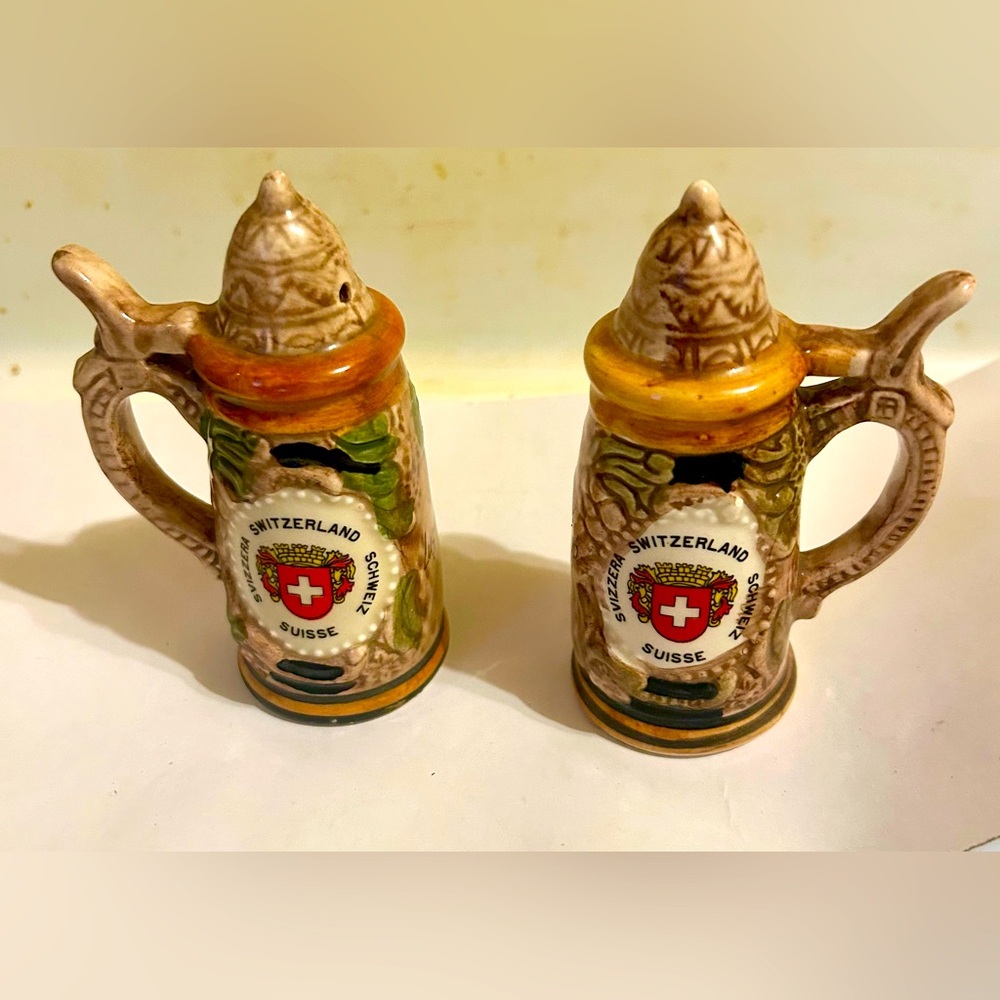 Signed Vintage Burroughs Green Salt & Pepper Shakers Lugano Switzerland